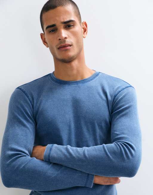 Weekday slim fit long sleeve rib t-shirt in dark blue wash, 3 of 5