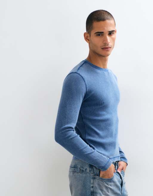 Weekday slim fit long sleeve rib t-shirt in dark blue wash, 4 of 5