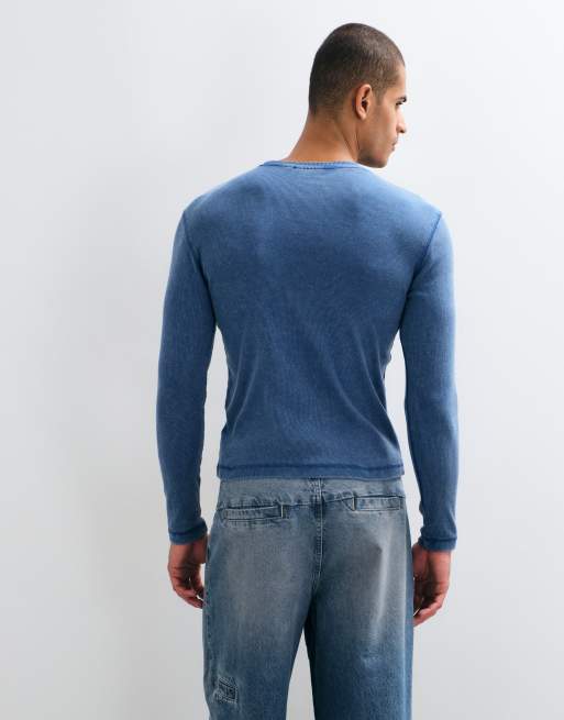 Weekday slim fit long sleeve rib t-shirt in dark blue wash, 5 of 5