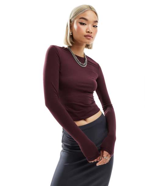 Weekday slim fit long sleeve t-shirt in burgundy exclusive to ASOS - view 1