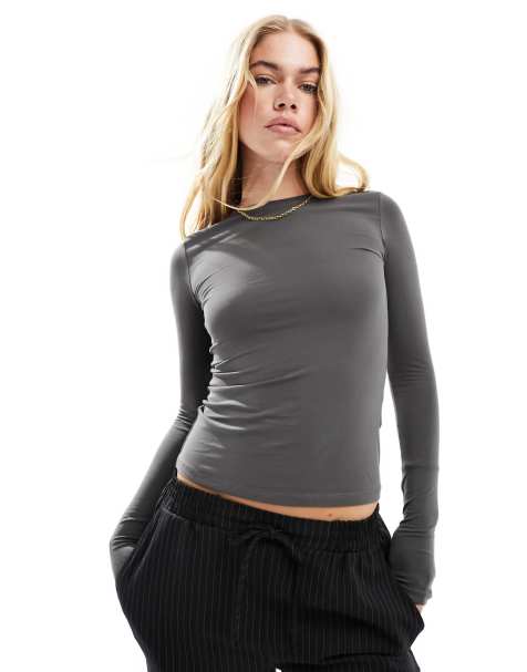 Weekday slim fit long sleeve t-shirt in charcoal - view 1