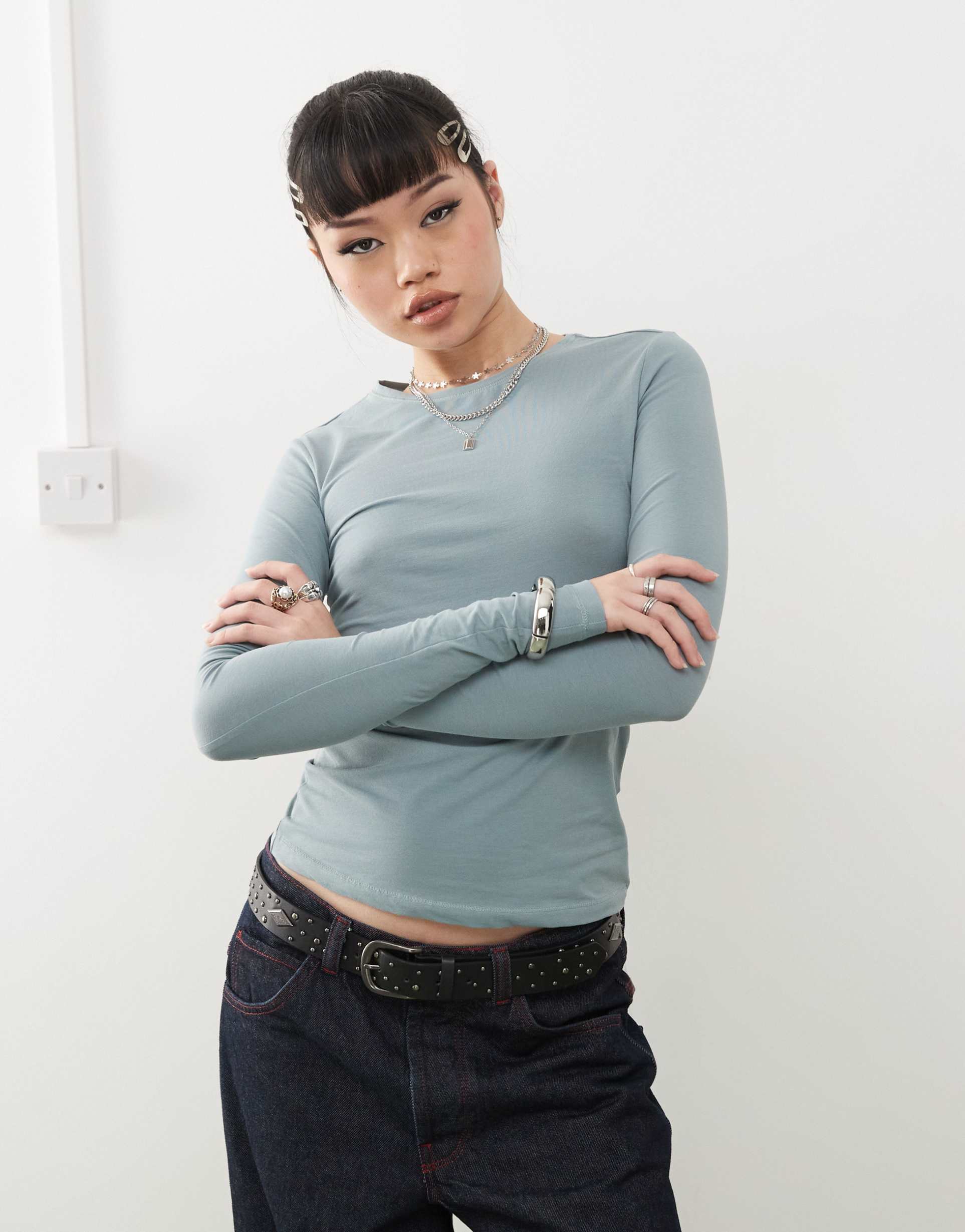 weekday slim fit long sleeve t-shirt in dusty gray