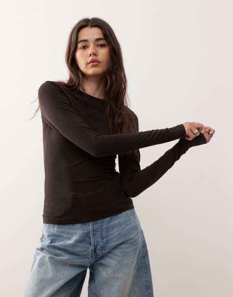 Weekday slim fit long sleeve top in dark brown - view 1