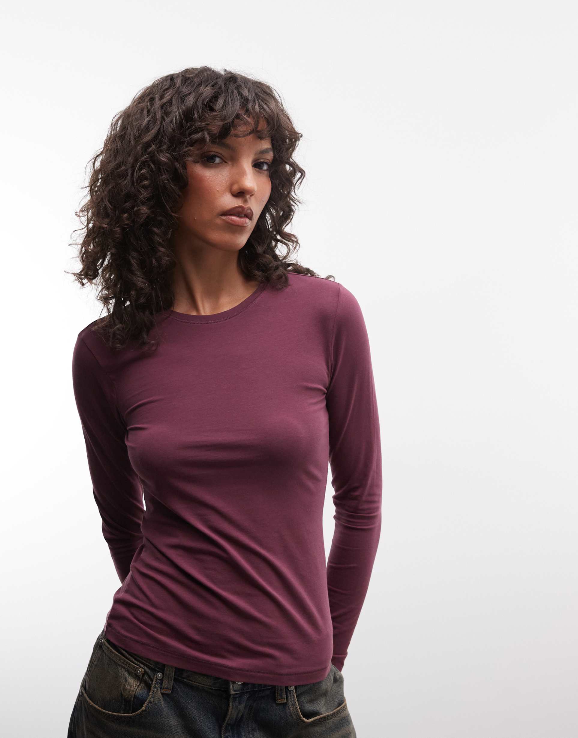 weekday slim fit long sleeve top in dusty plum