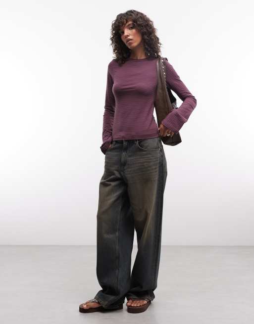 Weekday slim fit long sleeve top with flared sleeves in purple stripe, 2 of 4