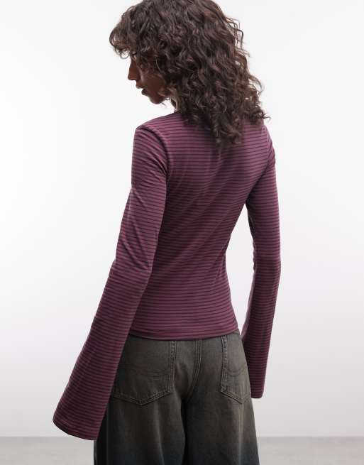 Weekday slim fit long sleeve top with flared sleeves in purple stripe, 4 of 4