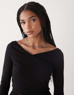 Weekday Slim Fit Long Sleeve Wrap Top In Black