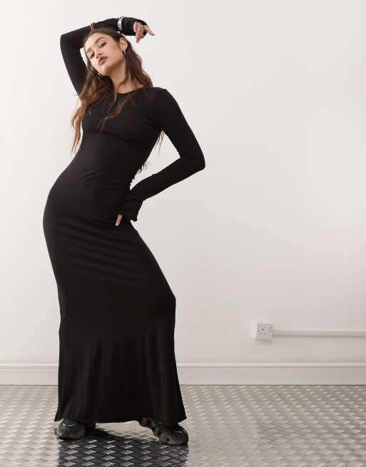 Weekday - Slim-fit maxi jurk met lange mouwen in zwart, 3 van 4