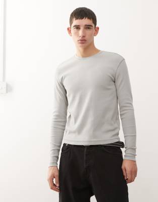 Weekday Slim Fit Rib Knit Long Sleeve T-shirt In Gray
