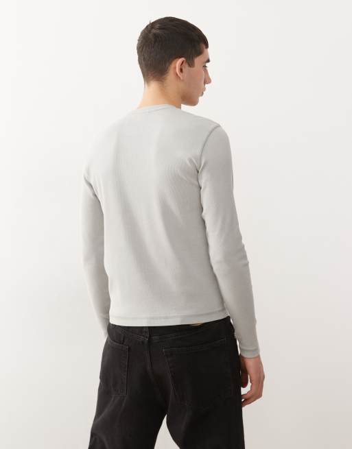 Weekday slim fit rib knit long sleeve t-shirt in washed sage green, 3 of 5