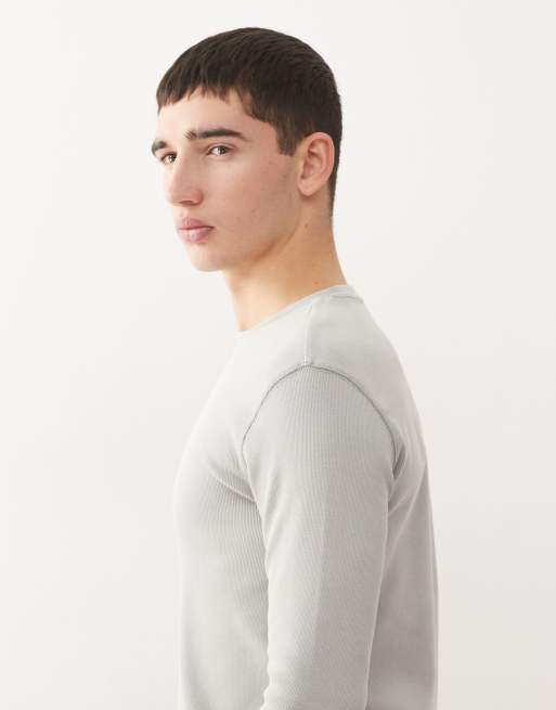 Weekday slim fit rib knit long sleeve t-shirt in washed sage green, 4 of 5