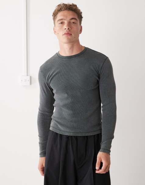 Weekday slim fit rib long sleeve T-shirt in washed dark green - view 1