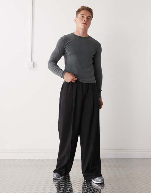 Weekday slim fit rib long sleeve T-shirt in washed dark green
