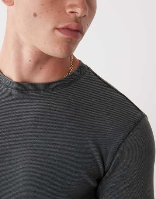 Weekday slim fit rib long sleeve T-shirt in washed dark green
