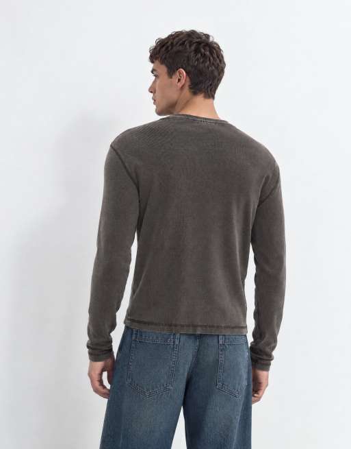 Weekday slim fit ribstrikket langærmet T-shirt i vasket brun, 8 af 8
