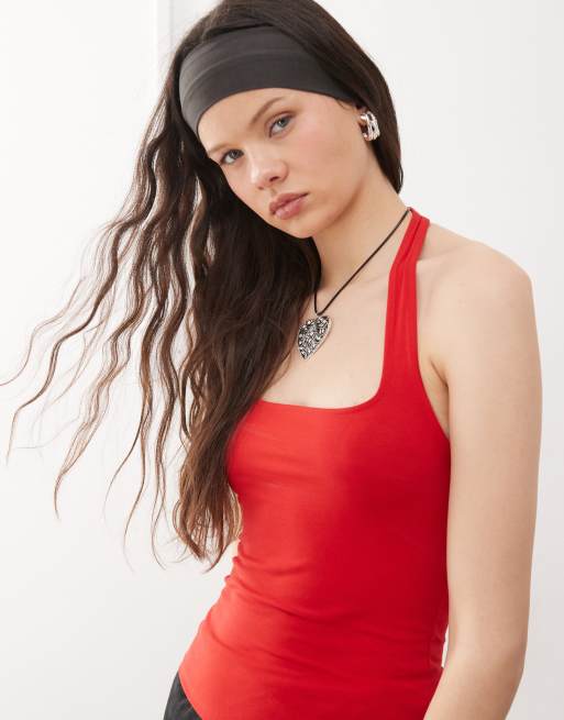 Weekday slim fit square halter neck top in red