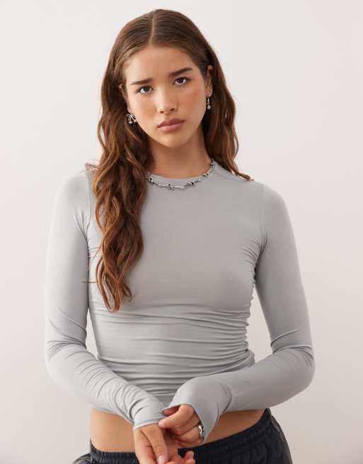 Weekday slim fit super soft long sleeve top with thumb holes in light gray