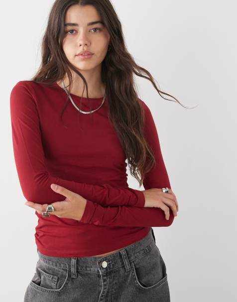 Weekday - Slim-fit T-shirt met lange mouwen in wijnrood - view 1