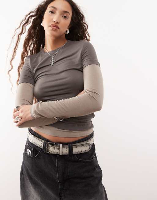 Weekday - Slim-fit T-shirt met twee lagen in bruin