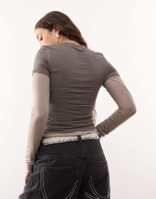 Weekday - Slim-fit T-shirt met twee lagen in bruin, 4 van 4
