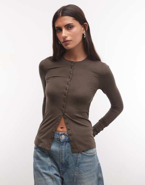 Weekday slim fit top with faux-pearl fastening in dark brown - view 1