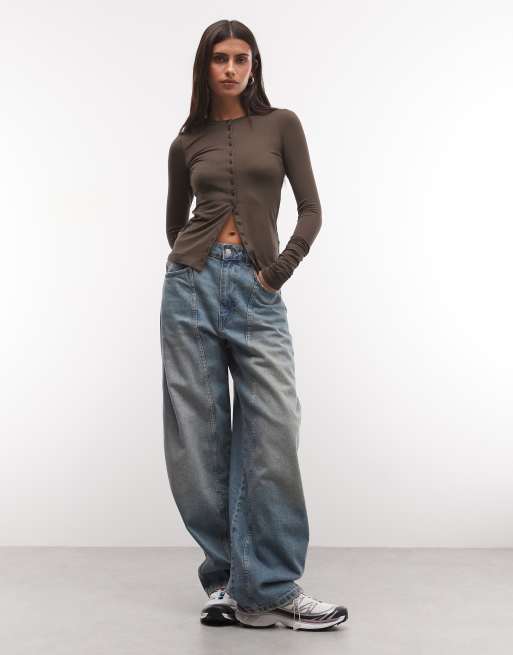 Weekday slim fit top with faux-pearl fastening in dark brown, 2 of 4