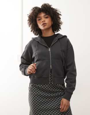 Weekday Slim Fitted Zip Up Hoodie In Black