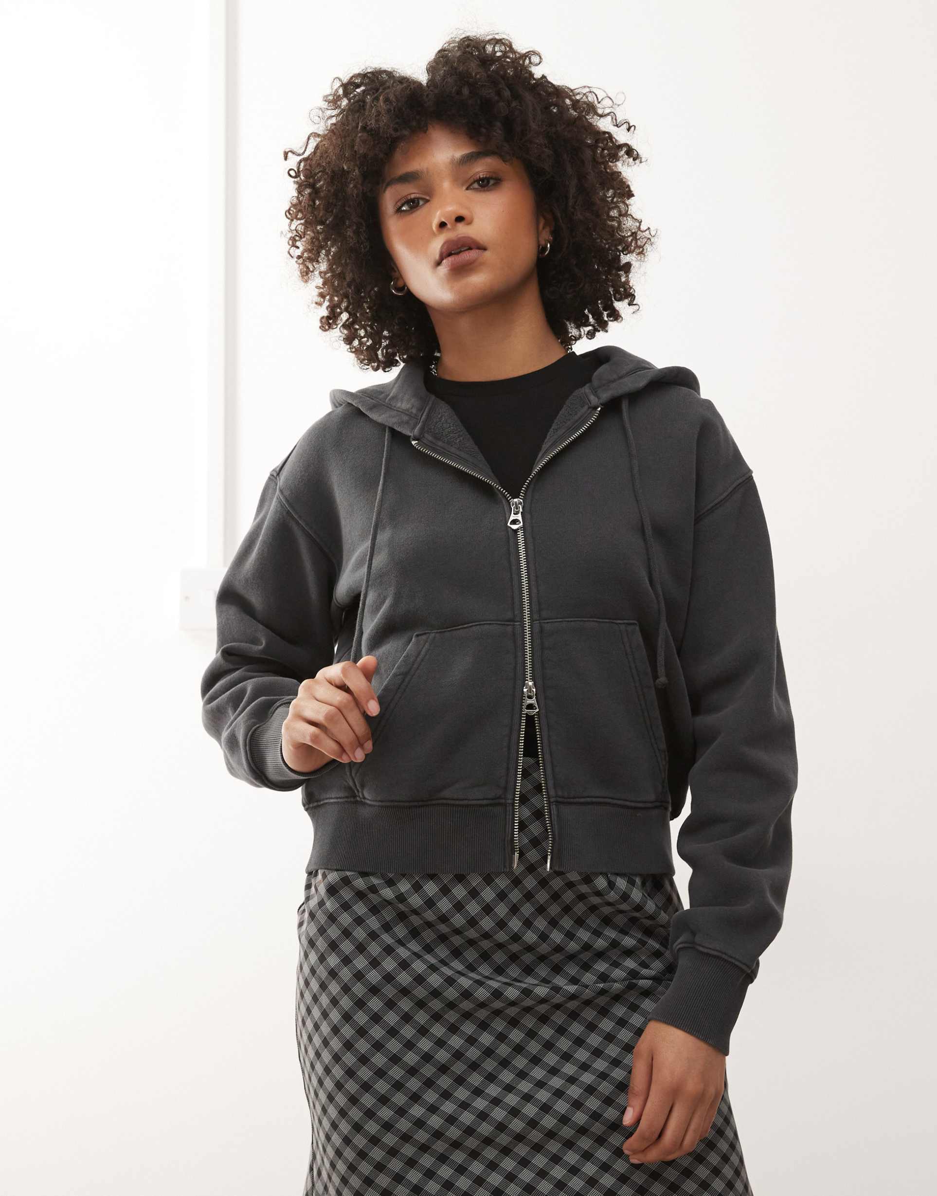 weekday slim fitted zip up hoodie in washed black
