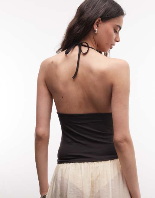 Weekday slim strap v neck halter top in black in dark brown exclusive to ASOS, 4 of 4