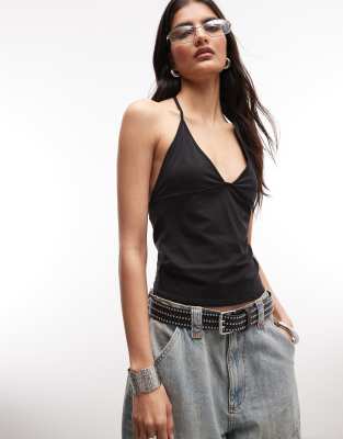 Weekday Weekday slim strap v neck halter top in black