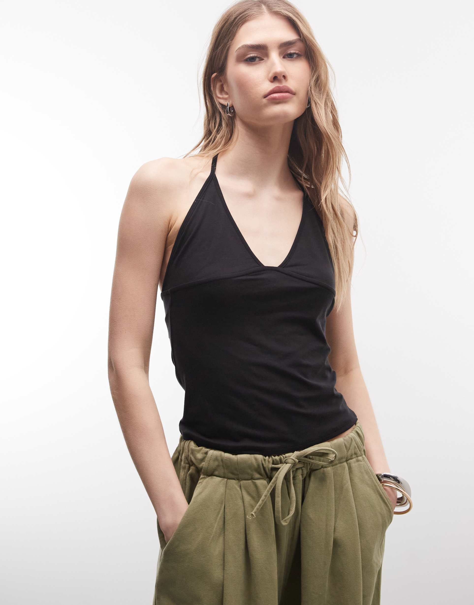 weekday slim straps v-neck halter top in black