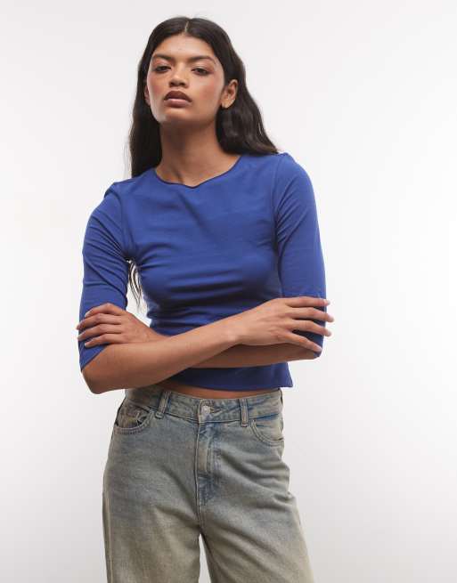 Weekday slim three quarter length sleeve top in blue, 3 of 4