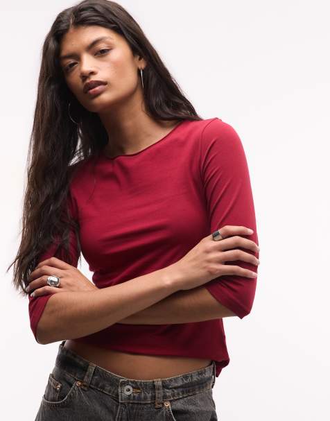 Weekday slim three quarter length sleeve top in cherry red - view 1