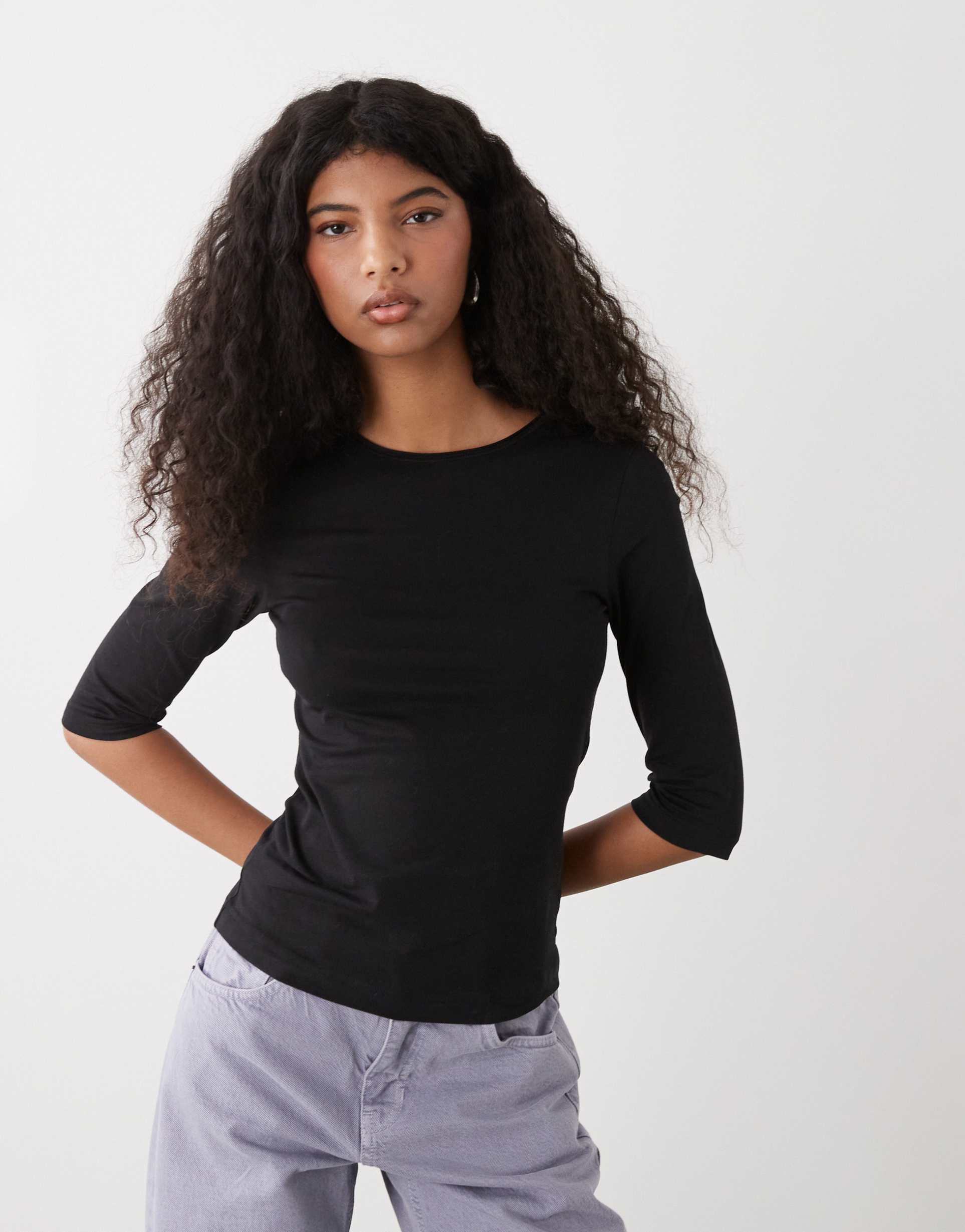 weekday slim three quarter sleeve top in black