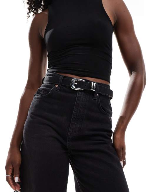 Weekday slim western belt with silver buckle in black | ASOS