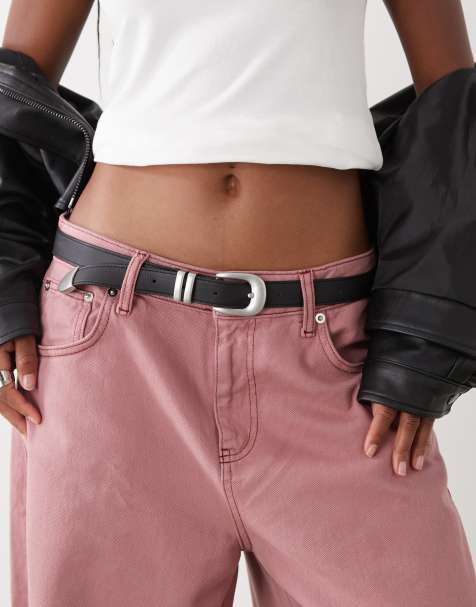Weekday slim western belt with silver buckle in black - view 1