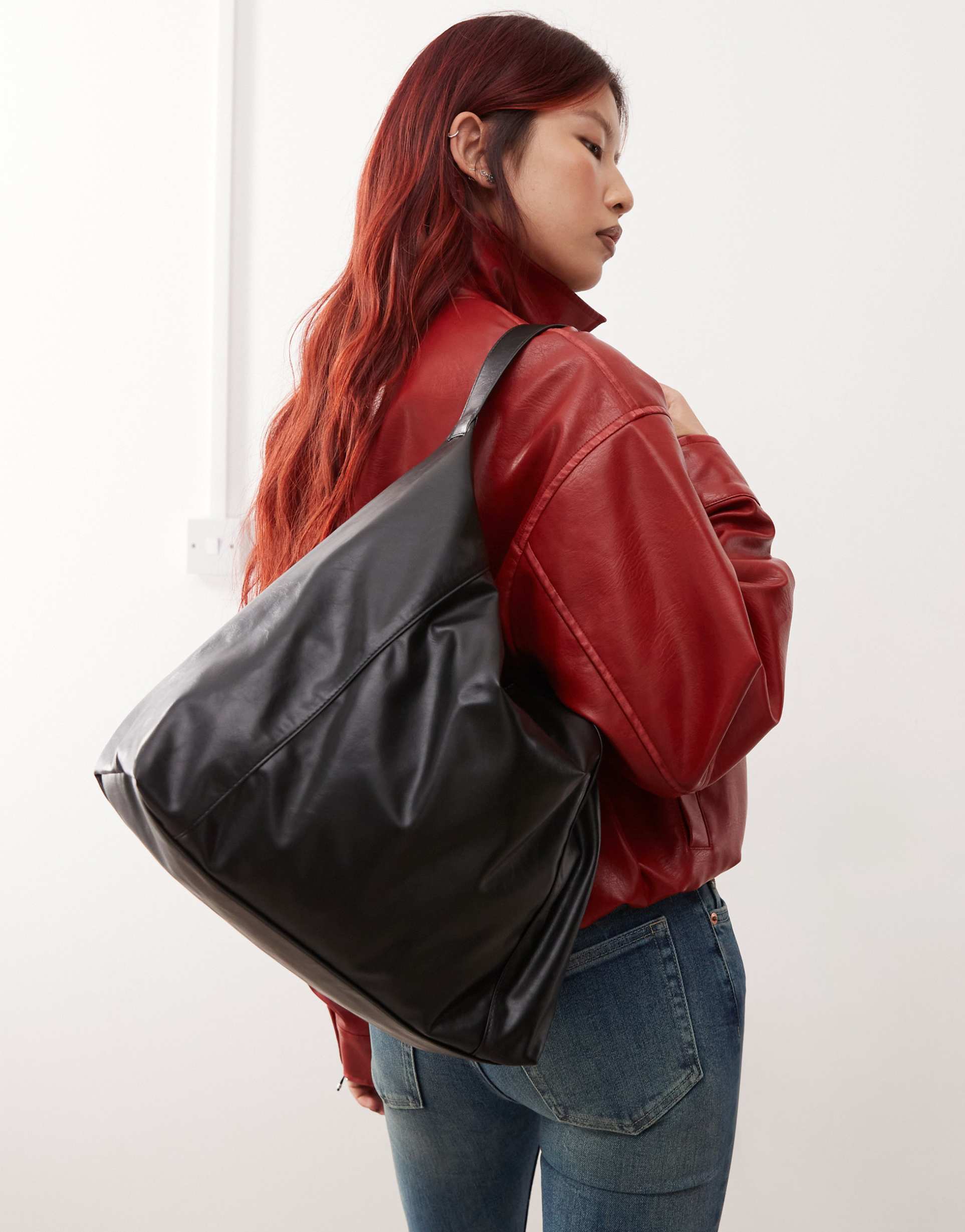 weekday slouchy faux leather shoulder tote bag in black