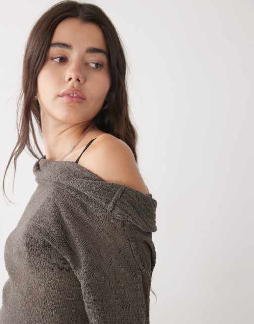 Weekday slouchy off sholder fine knit jumper in dark mole, 3 of 4