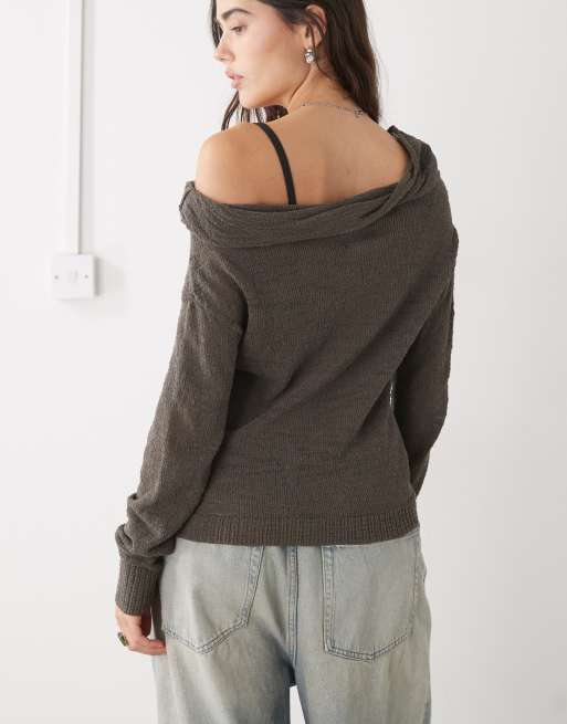 Weekday slouchy off sholder fine knit jumper in dark mole, 4 of 4