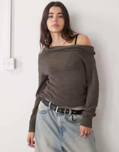 Weekday slouchy off-shoulder fine knit sweater in dark mole - view 1