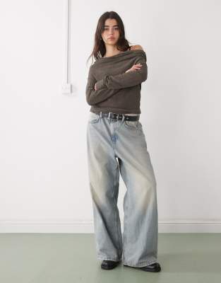 Weekday Slouchy Off-shoulder Fine Knit Sweater In Brown