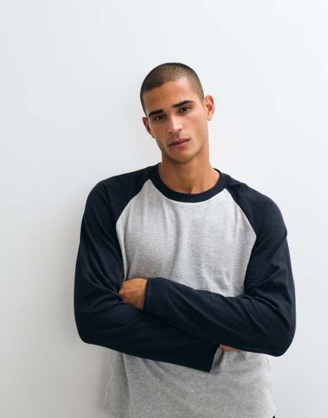 Weekday slub fabric oversized long sleeve raglan t-shirt in grey and navy - view 1