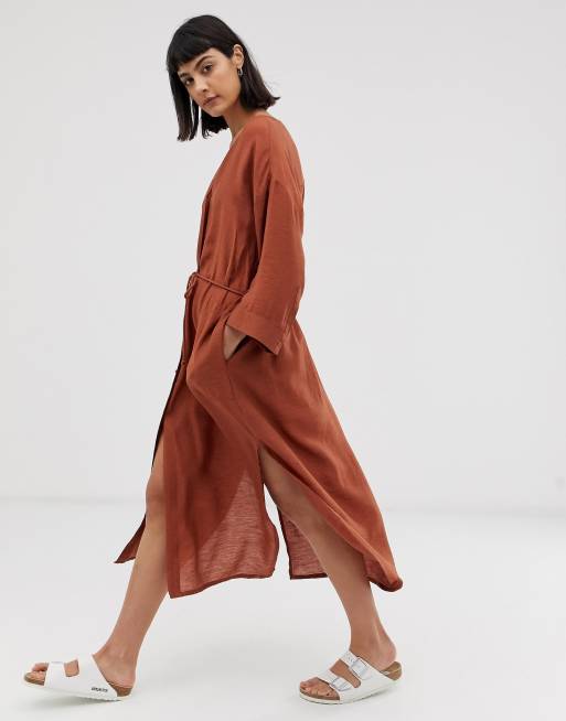 Weekday smock button front dress in rust, 4 of 4