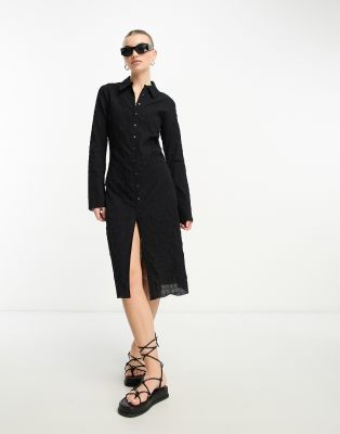 Weekday Smock Crinkle Shirt Midi Dress In Black