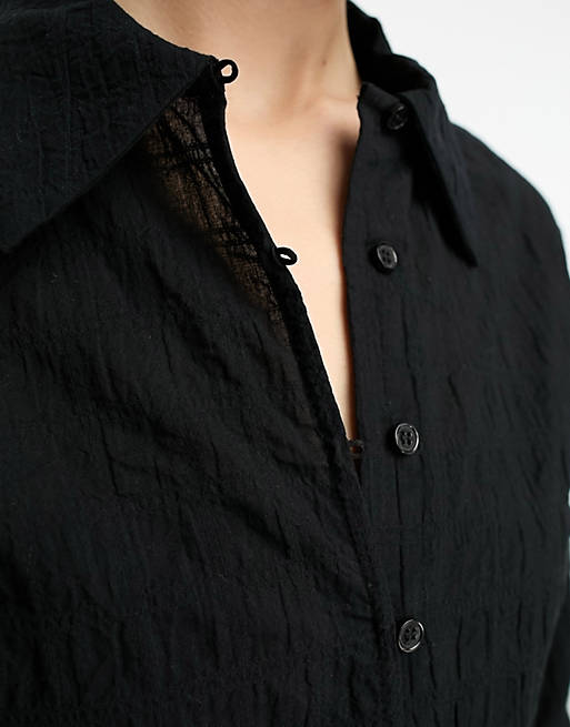 Weekday Smock crinkle shirt midi dress in black | ASOS