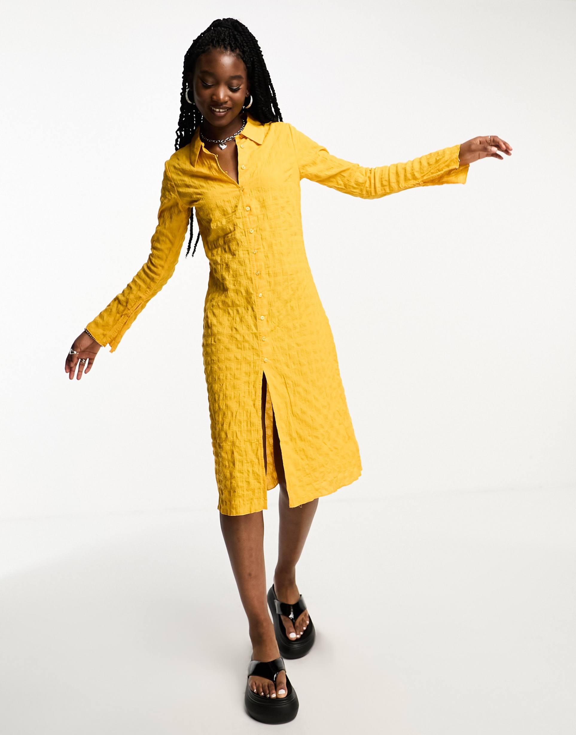 weekday smock textured shirt midi dress in yellow