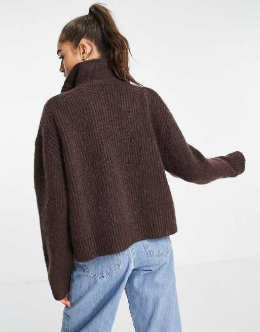 Weekday Snug polyester ribbed knit zip up cardigan in dark brown - BROWN |  ASOS