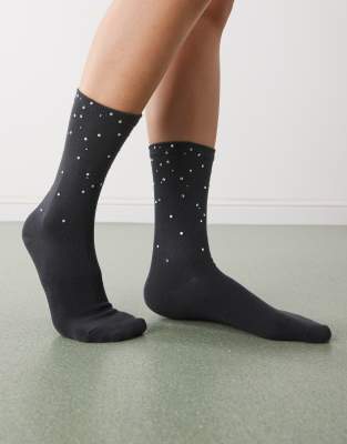 Weekday - Socken in Schwarzgrau mit Strasssteinen