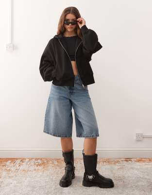 Weekday Soft Heavyweight Jersey Oversized Zip Hoodie In Black