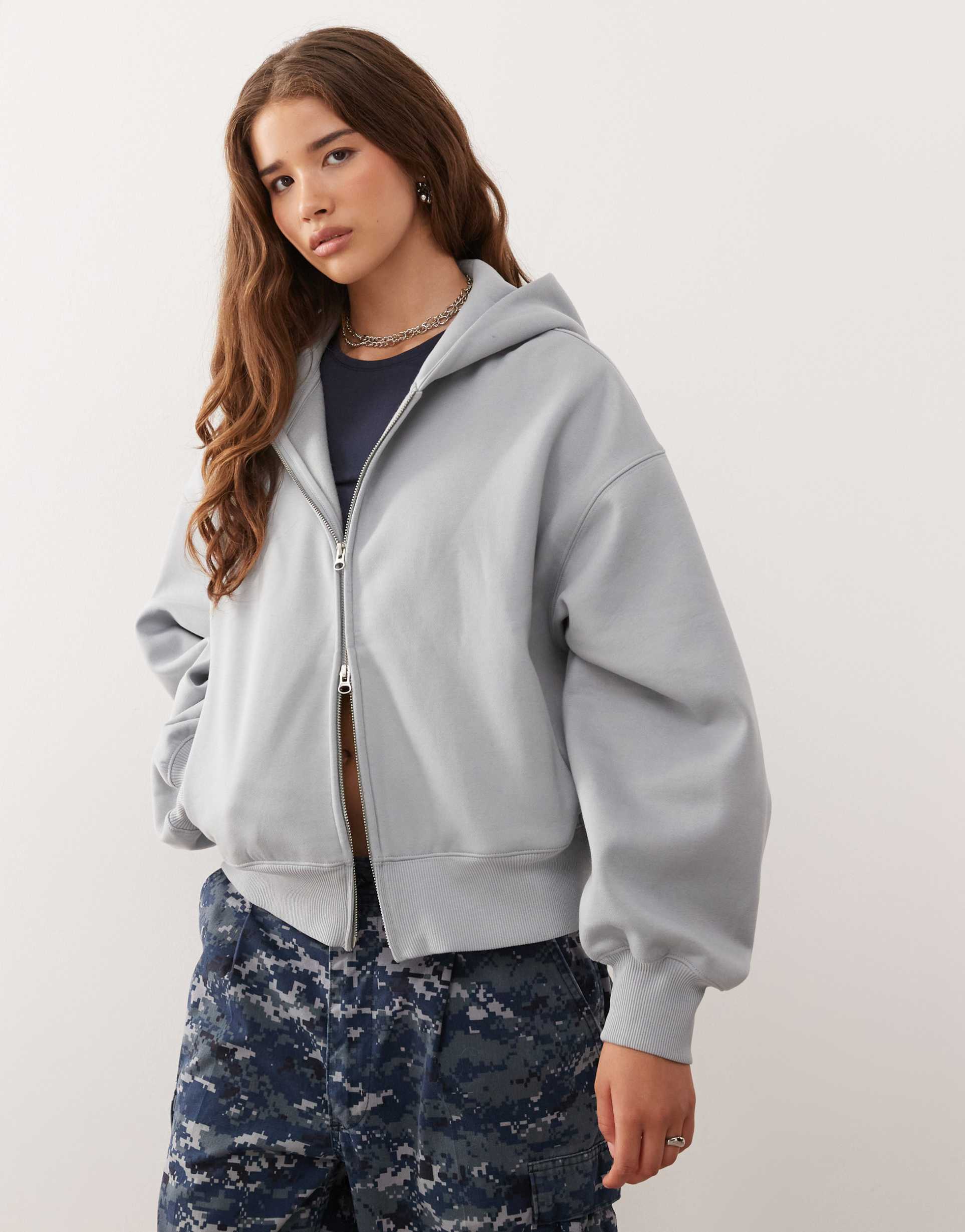 weekday soft heavyweight jersey oversized zip hoodie in light gray melange